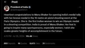 Olympics 2024 Shooting: शूटिंग में Manu Bhaker ने जीता ब्रॉन्ज, राष्ट्रपति और पीएम ने दी बधाई